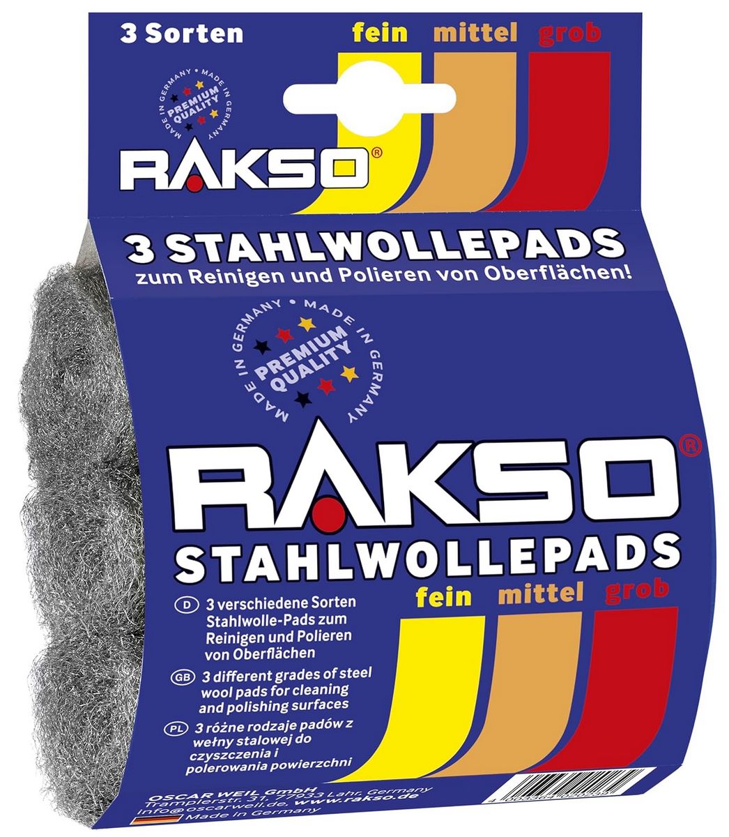 RAKSO Stahlwolle, DIY Polier & Schleifpads fein, mittel, grob - 3 Pads, Schleifschwämme für Holz, Farbe, Metall, Reinigung und Politur