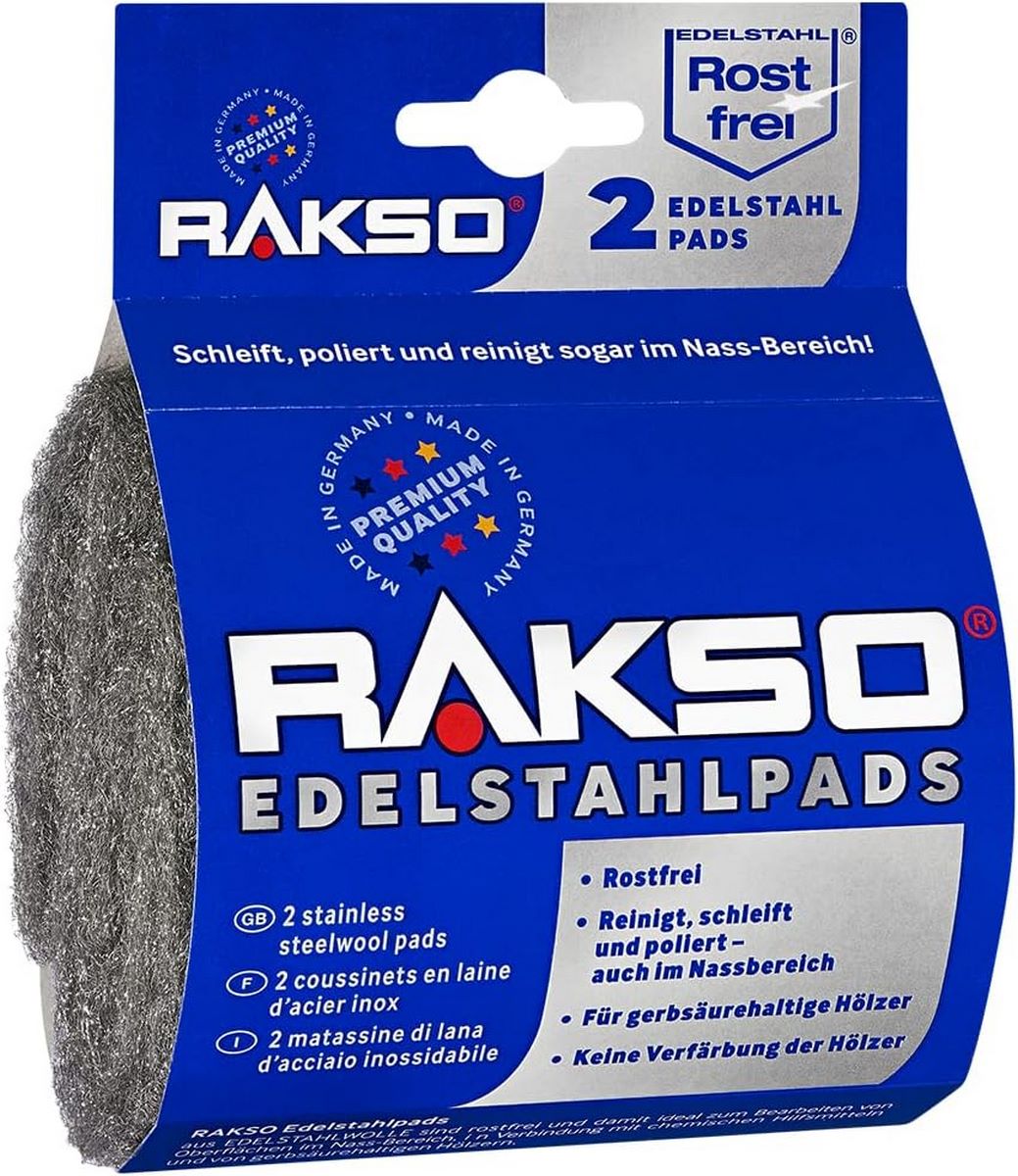 RAKSO Edelstahlpads extra - fein, 2 Pads rostfrei, Edelstahlwolle, Oberflächenbehandlung im Nassbereich, reinigt, schleift, poliert