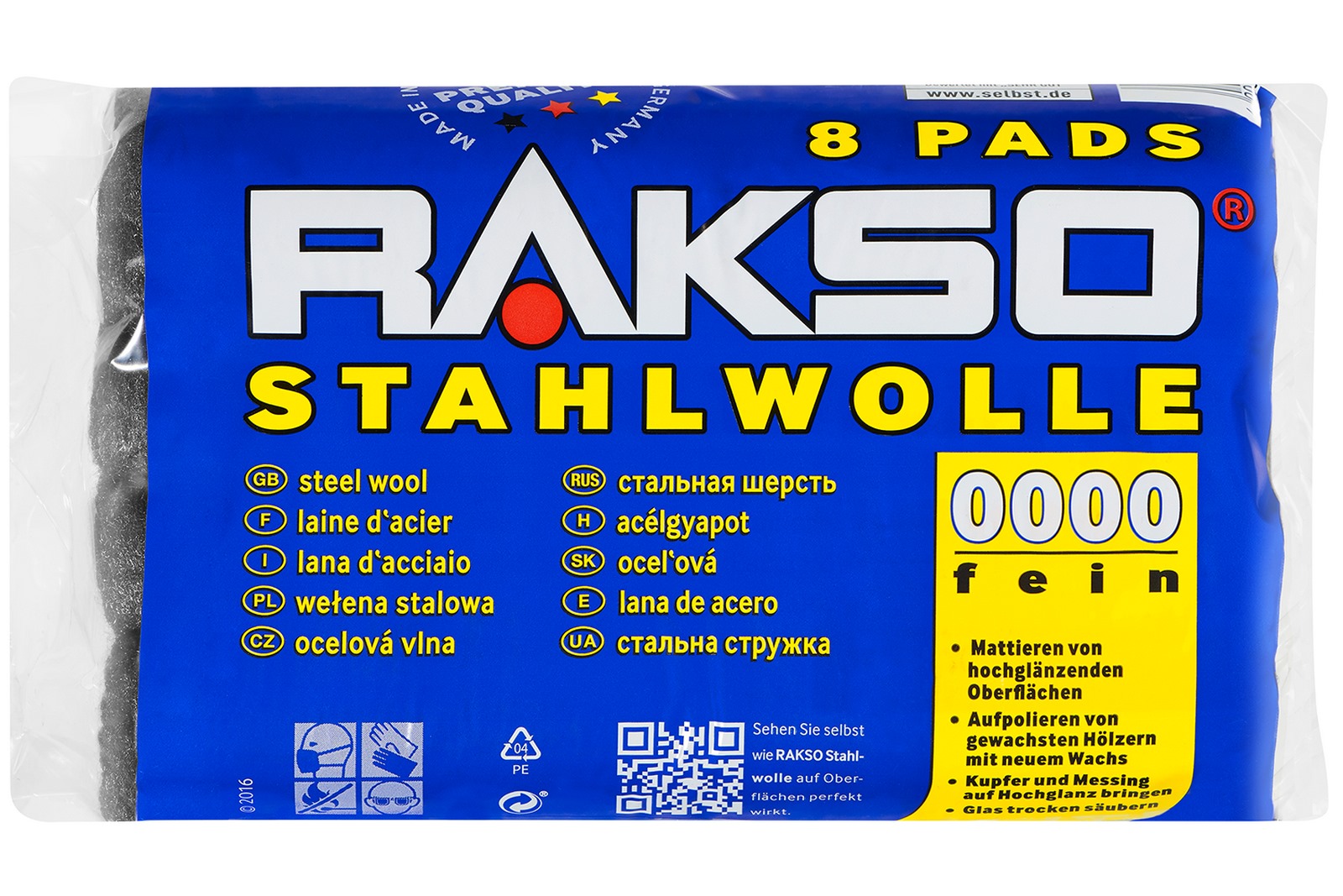 RAKSO Stahlwolle extrafein 0000 - 8 Pads, poliert gewachstes Holz, Kupfer, Messing, mattiert Oberflächen, säubert Glaslle 8 Pads RAKSO Stahlwolle extrafein 0000 - 8 Pads, poliert gewachstes Holz, Kupfer, Messing, mattiert Oberflächen, säubert Glaslle 8 Pads